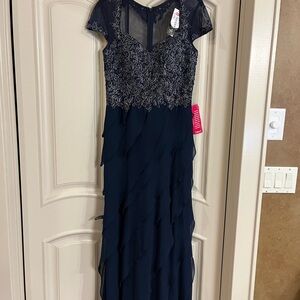 Xscape Midnight Blue and Metallic Lace Dress